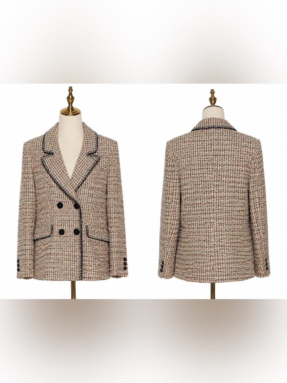 Zara Beige Tweed Double-Breasted Blazer with Black Trim